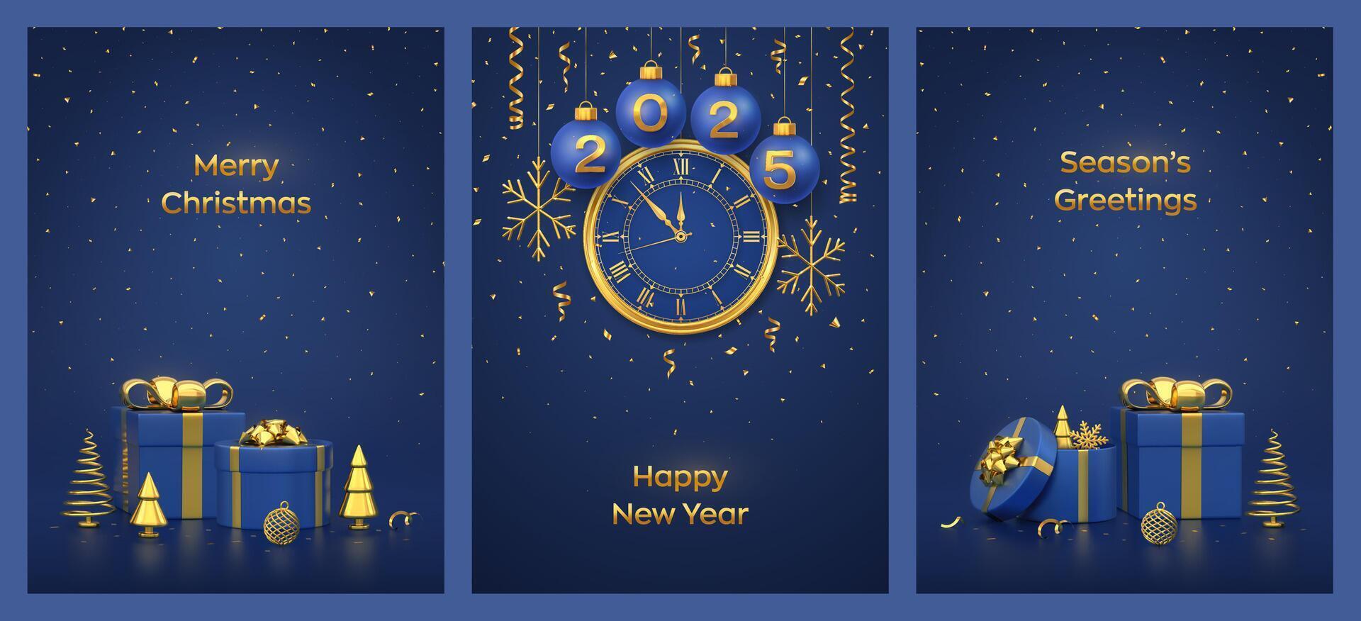 Christmas card set. Happy New Year 2025. Hanging blue balls with gold numbers 2025 and snowflakes. Watch the countdown to midnight. Gift boxes with golden bows and gold fir trees. vector