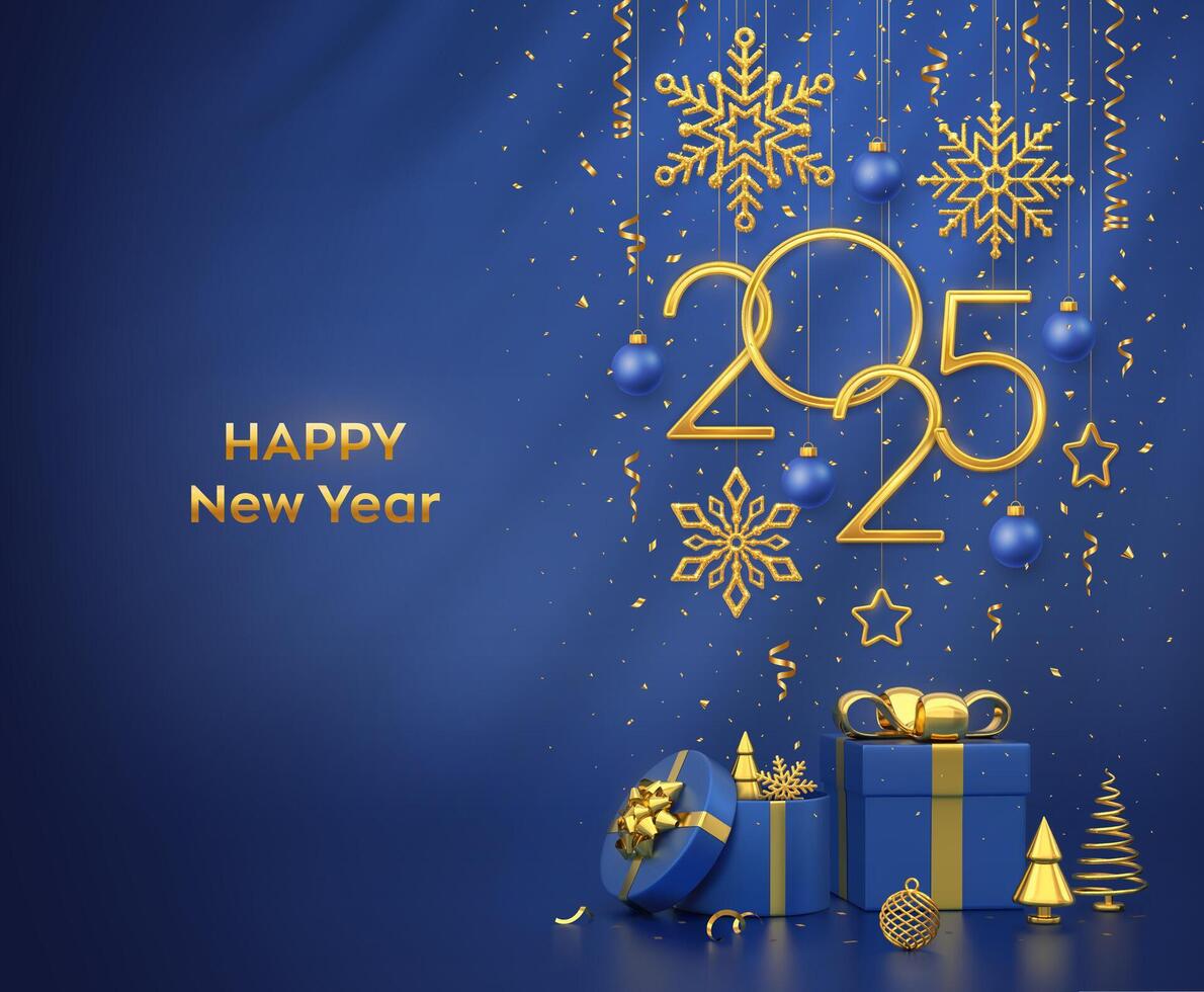 Happy New Year 2025. Hanging golden metallic numbers 2025 with snowflakes, stars and balls on blue background. Gift boxes and golden metallic pine or fir, cone shape spruce trees. vector
