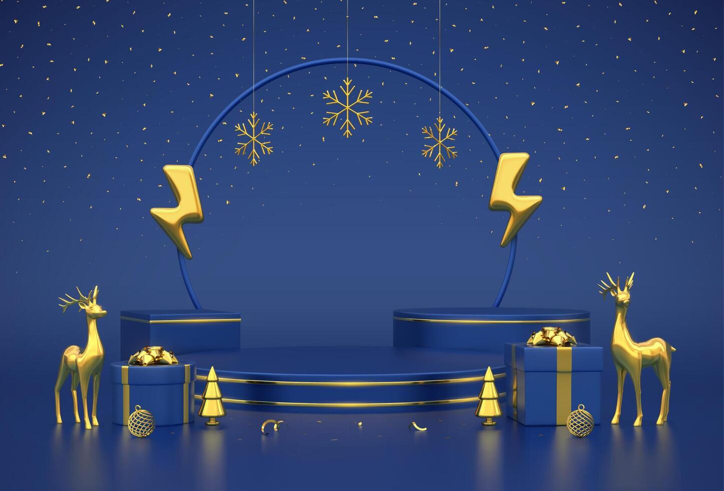 Christmas sale banner. Blue Stage podium with gold lightning bolt, snowflakes. Reindeers, gift boxes with golden bows, metallic fir trees. New Year Discount shopping. Flash sale. vector