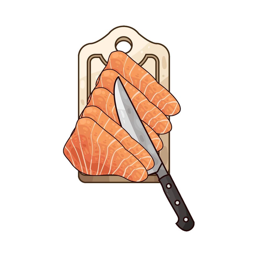 slice the salmon on a cutting board illustration vector