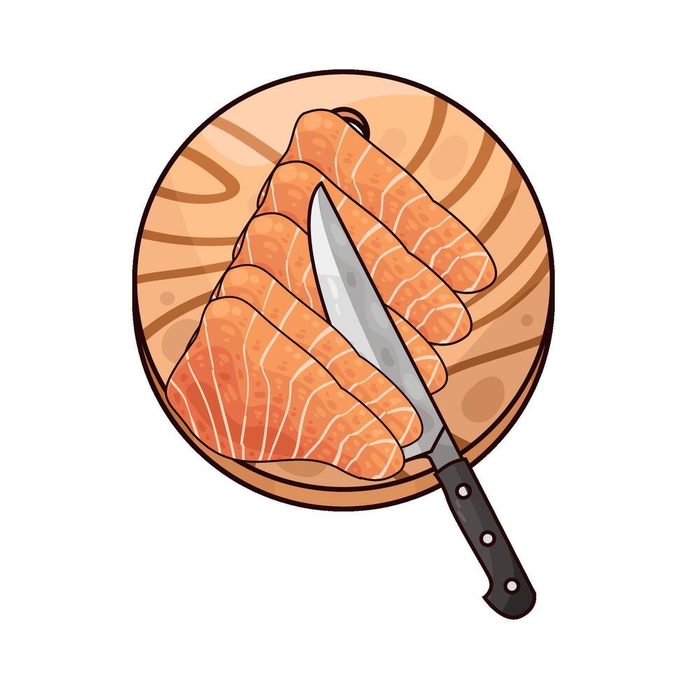 illustration of slice the salmon on a cutting board vector