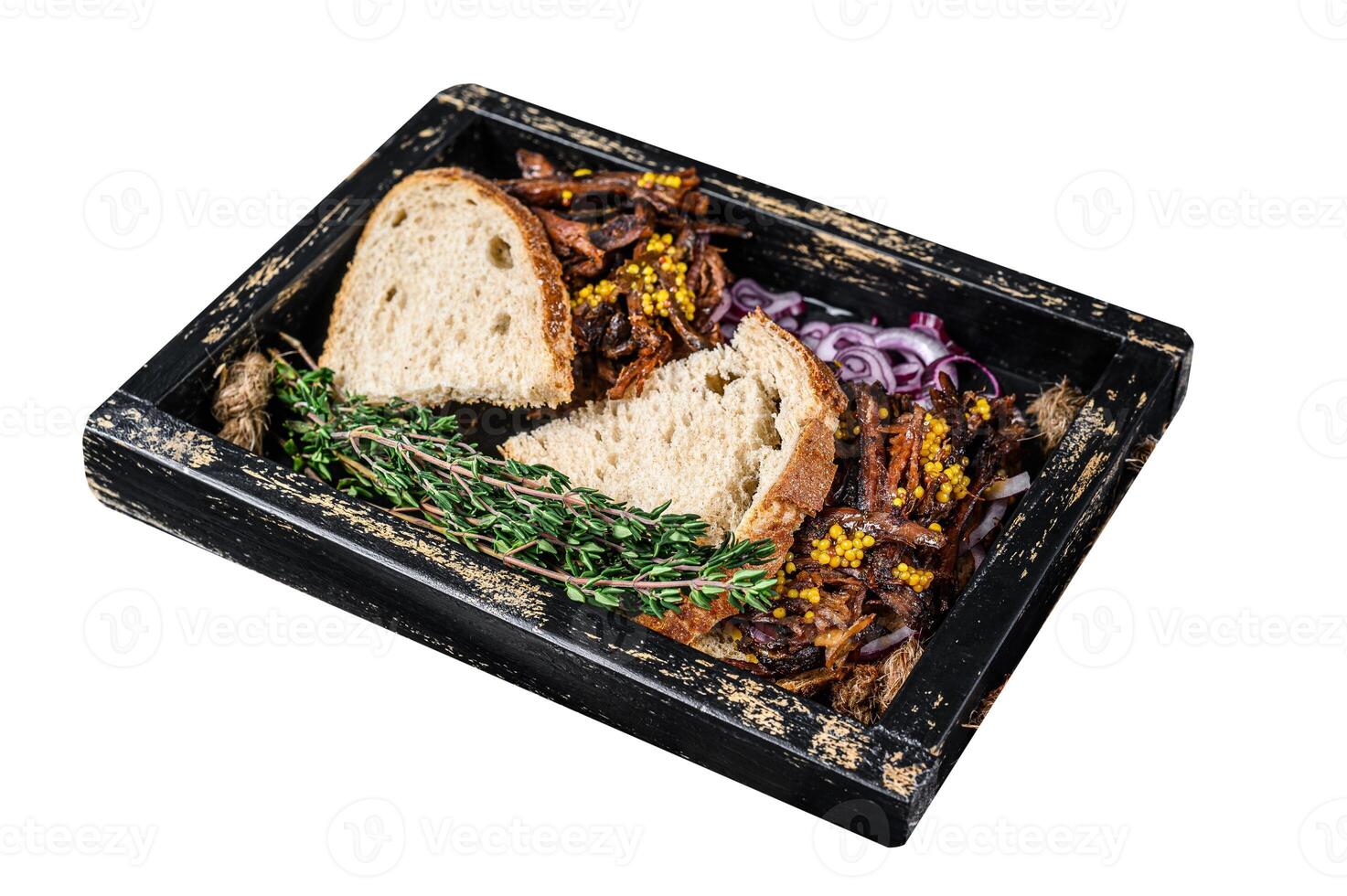 Brisket Sandwich with smoked beef meat in a wooden tray. Isolated on white background. Top view. photo
