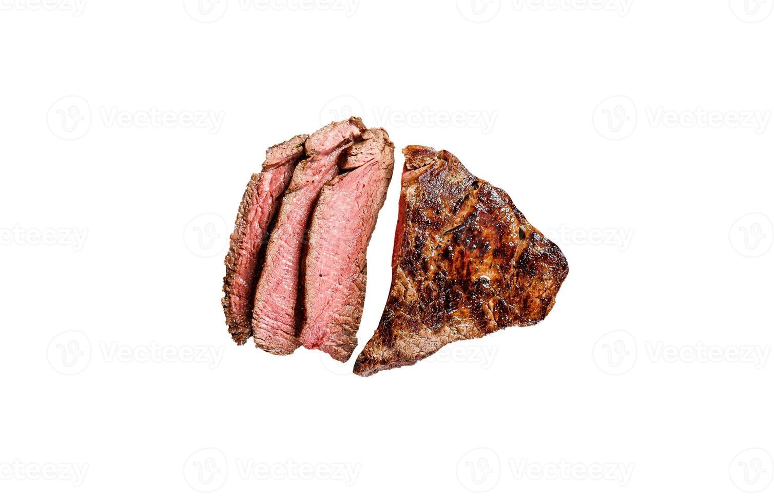 Sliced grilled filet Mignon steak. Beef tenderloin. Isolated on white background. Top view. photo
