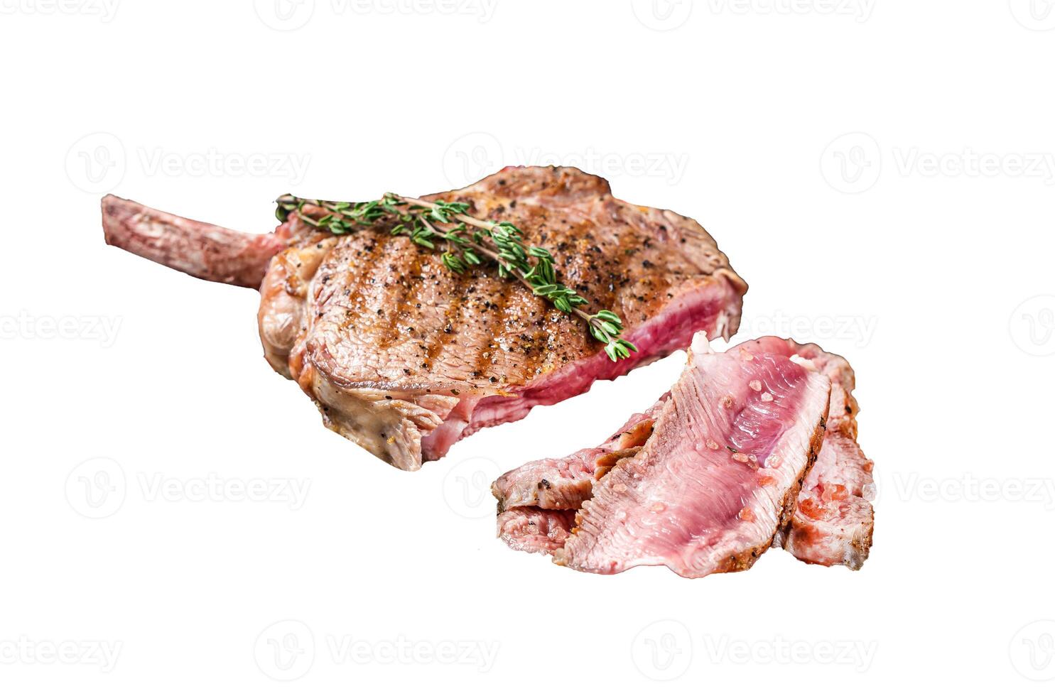 Barbecue sliced rib eye Tomahawk beef veal steak Isolated on white background, top view. photo