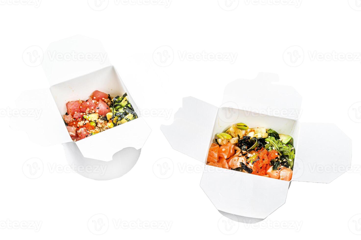 Buddha bowl in paper box with vegetables , salmon and tuna. street food to go, take away. Isolated on white background. Top view. photo
