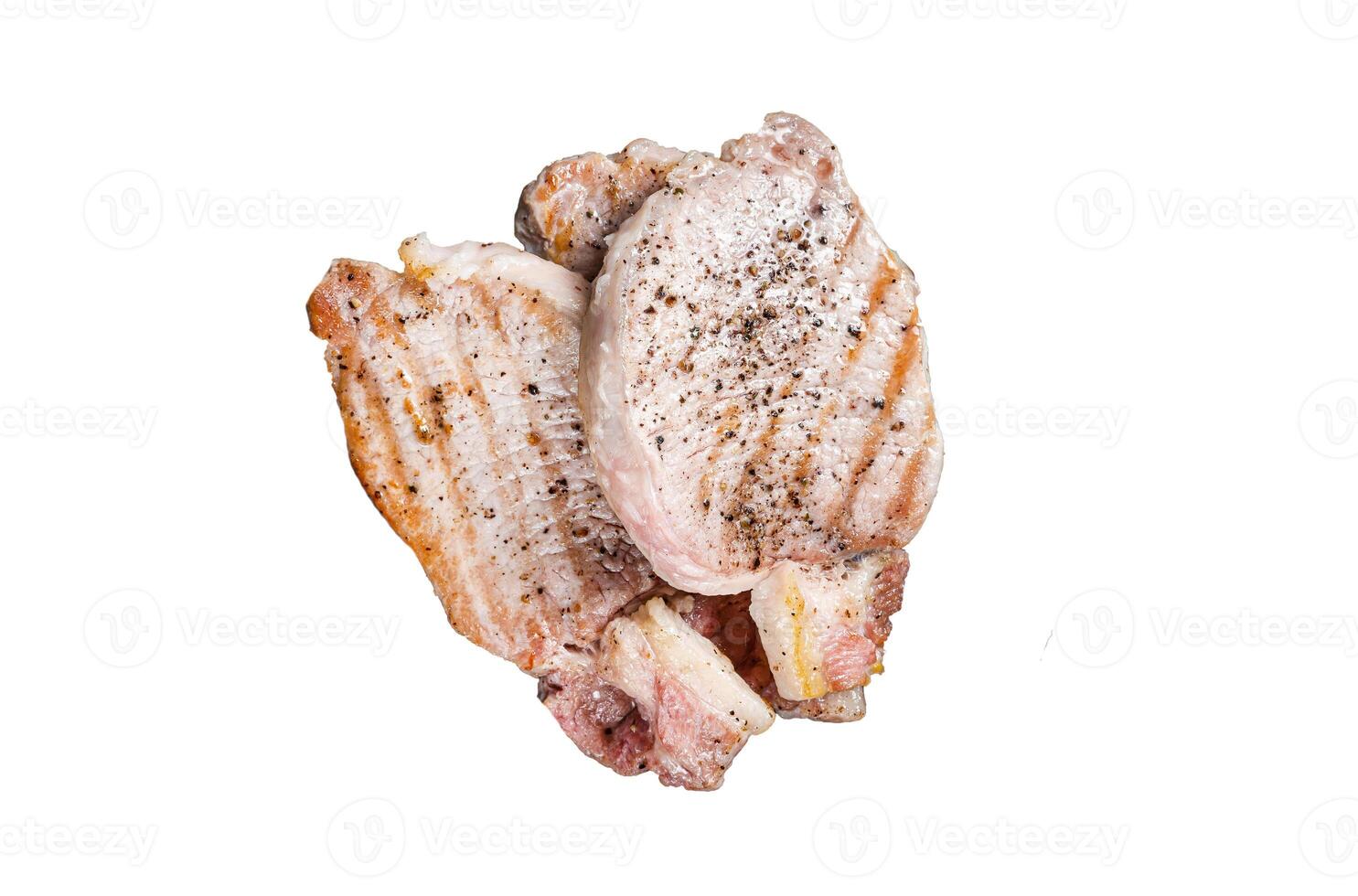 Grilled delicious pork chop steaks with herbs and spices. Isolated, white background. photo