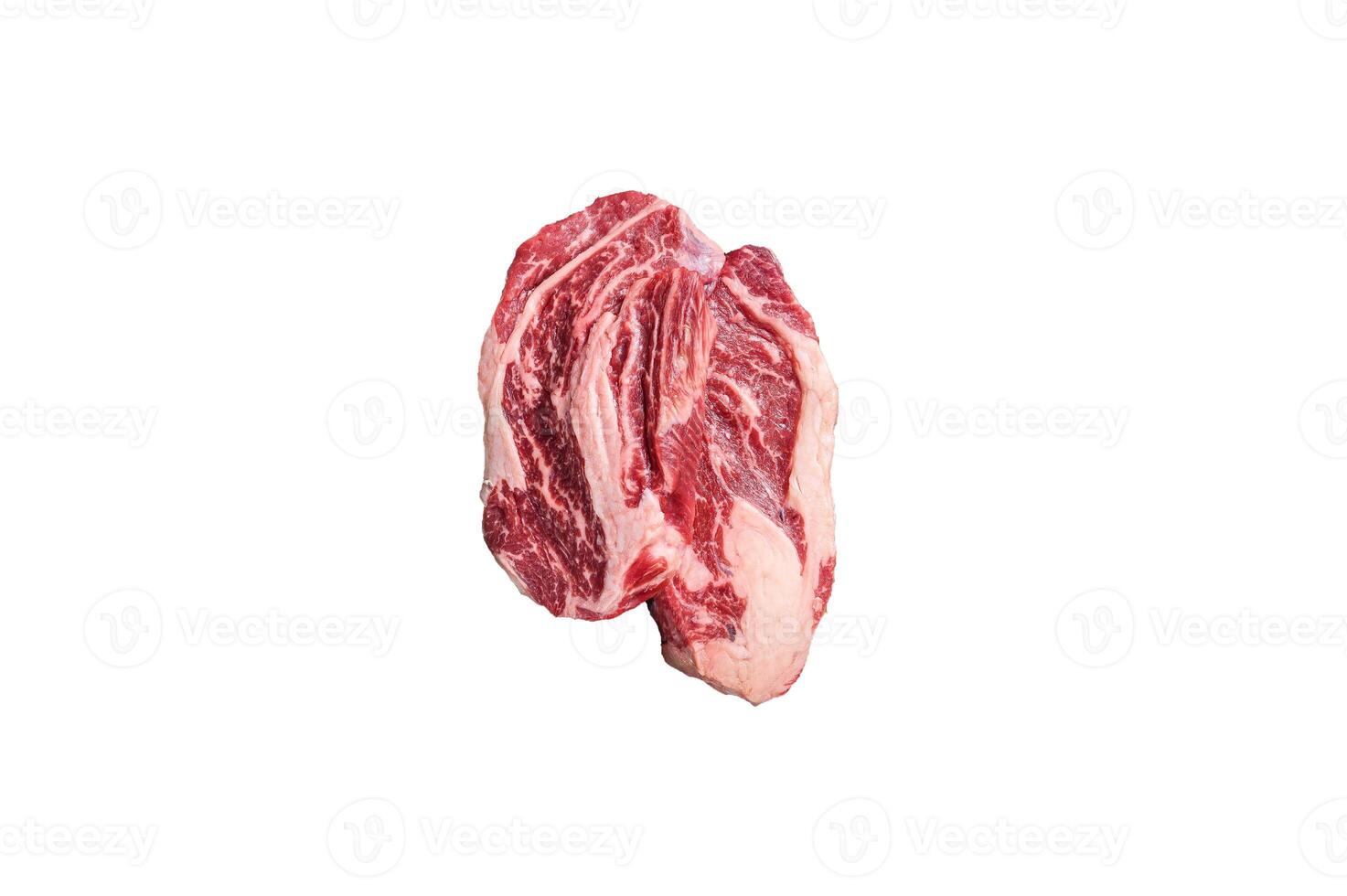 Raw Chuck Roll beef meat steaks on a wooden board with thyme. Gray background. Top view photo