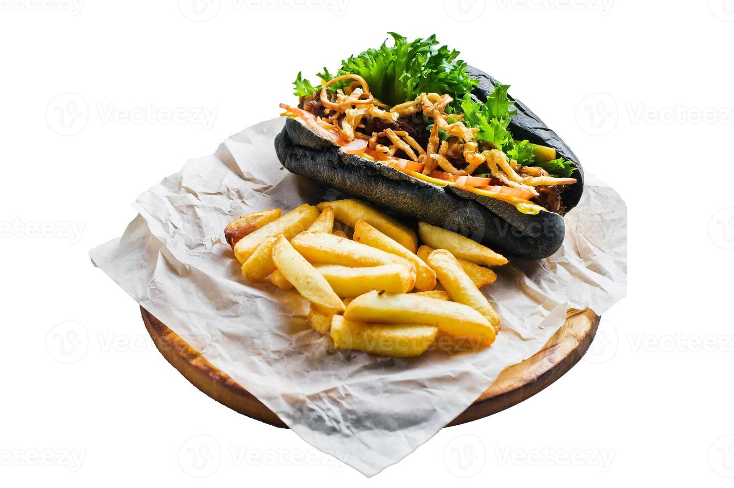 Black hot dog with beef kebab and caramelized onions. Isolated on white background. photo
