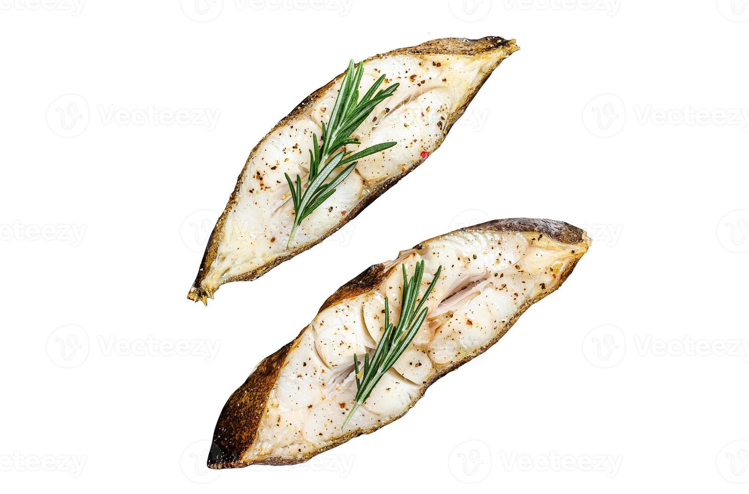 Baked halibut fish steak Isolated on white background. Top view. photo