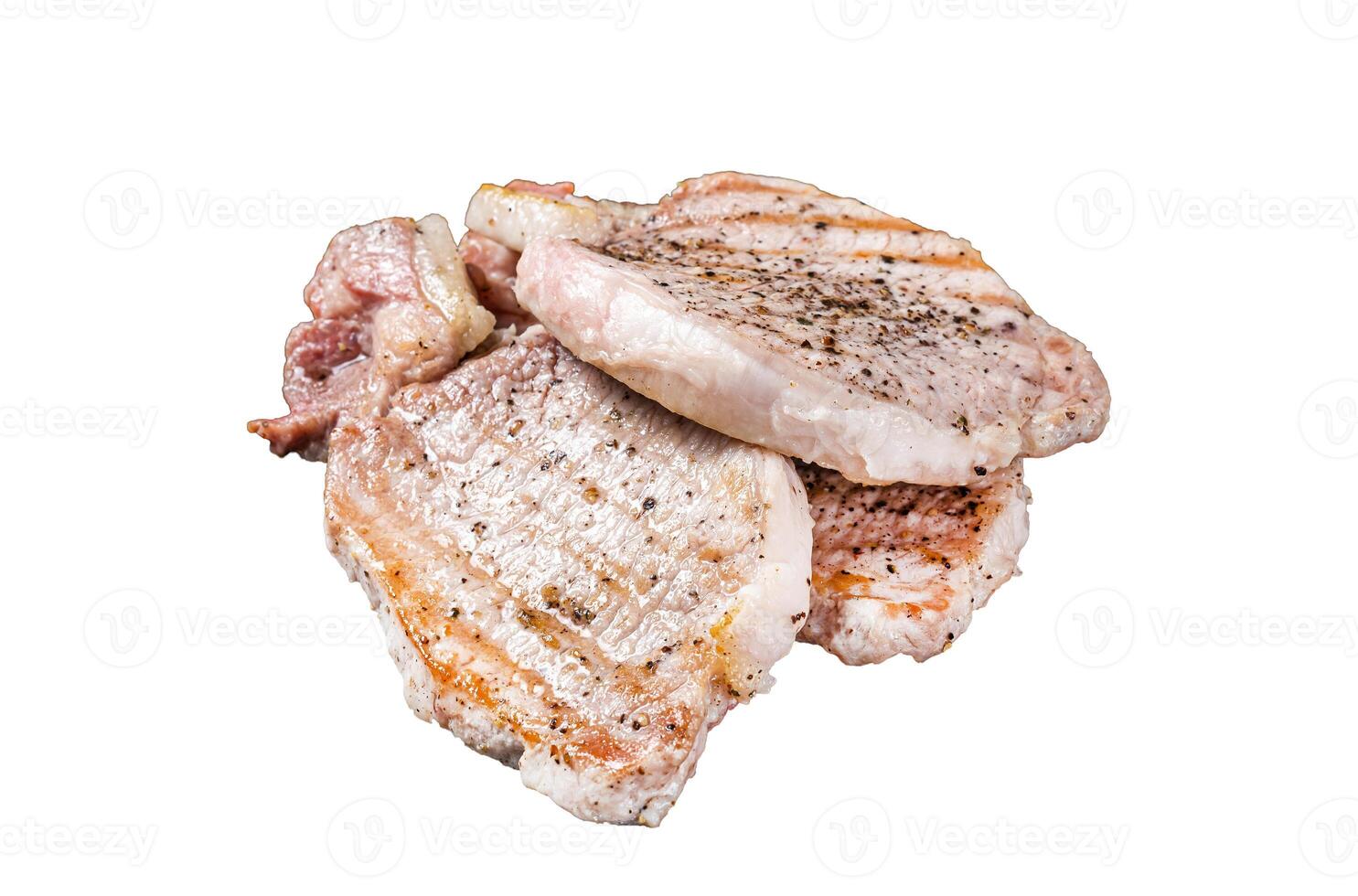 Grilled delicious pork chop steaks with herbs and spices. Isolated, white background. photo