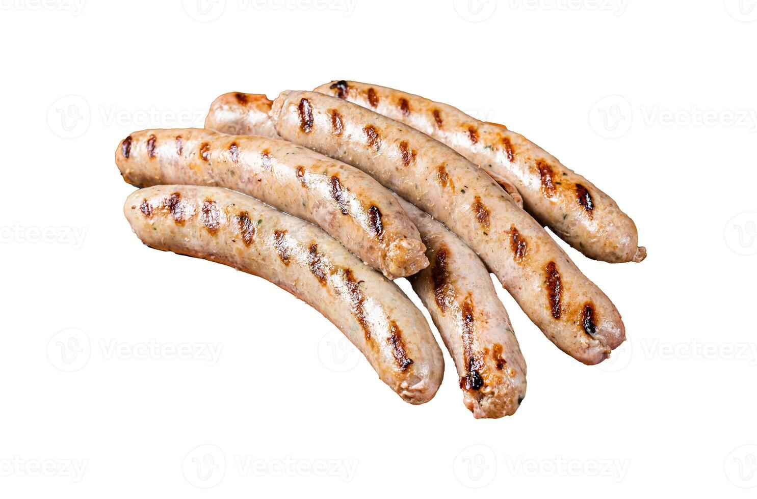 Grilled pork sausages from a BBQ. Isolated, white background. photo