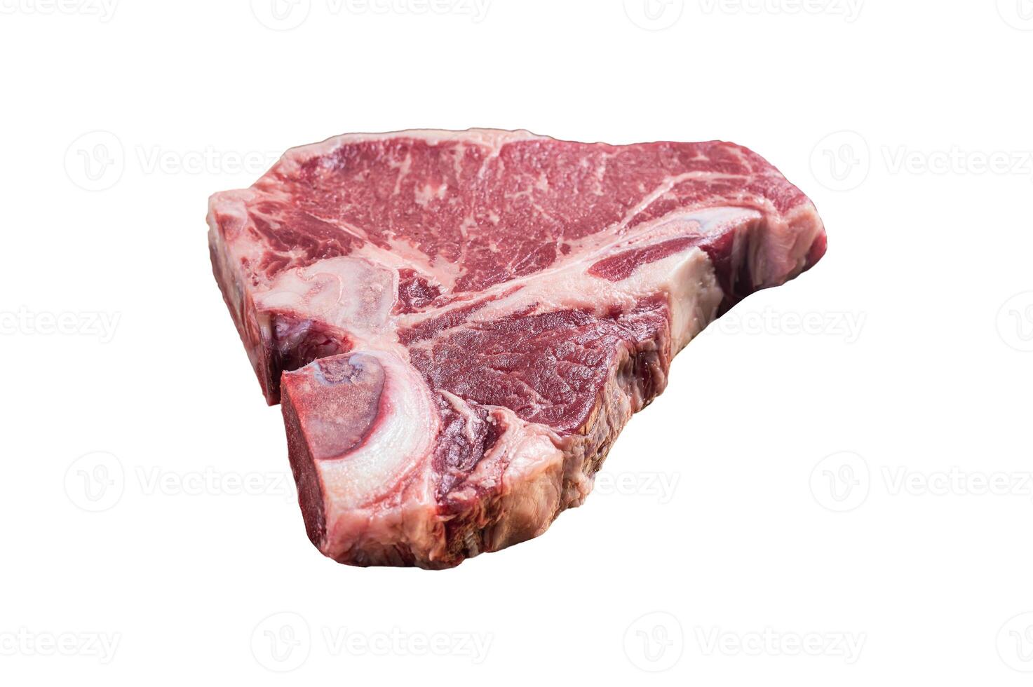 Raw T-bone porterhouse beef meat Steak on golden metalic plate. Isolated on white background photo
