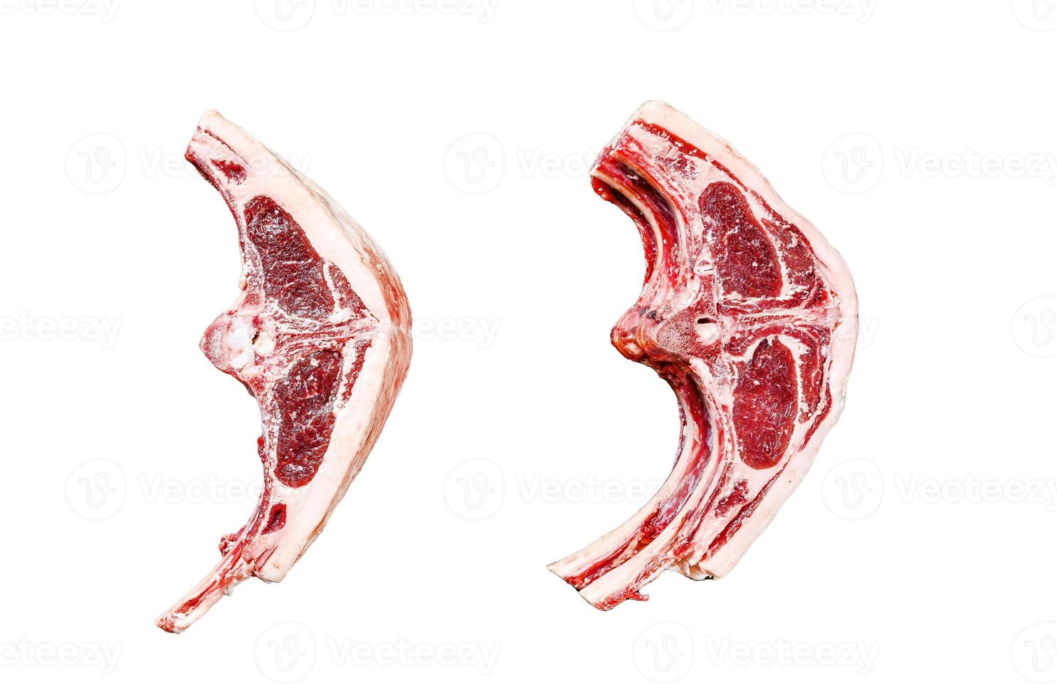 Raw lamb cutlets fresh cut Isolated on white background. Top view. photo