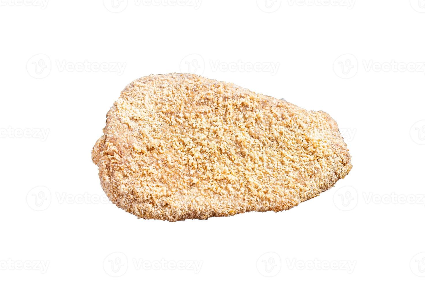 Pork Raw Escalope or schnitzel on a meat cleaver with herbs. Isolated on white background. photo