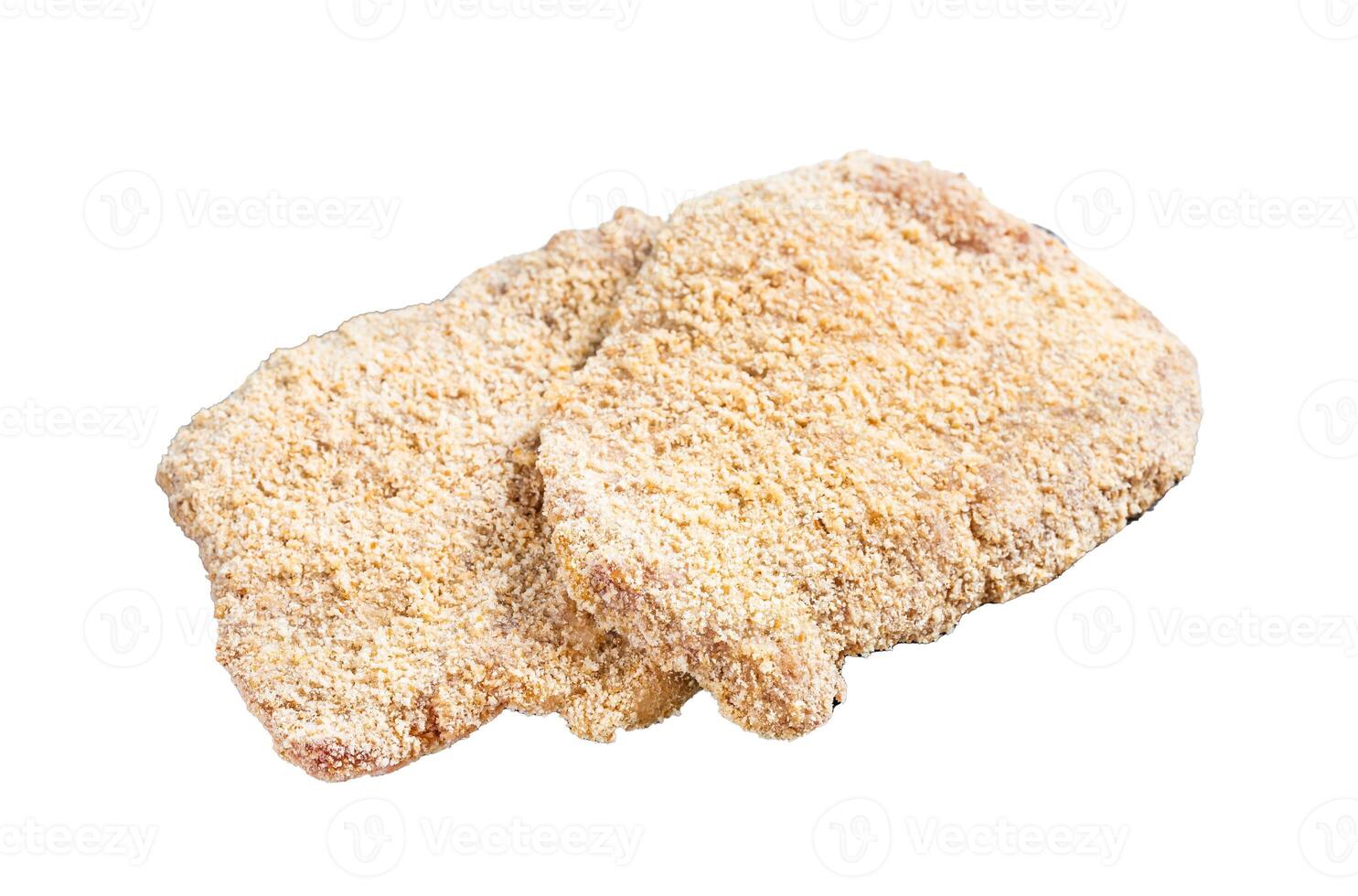 Wiener Raw schnitzel in breadcrumbs Isolated on white background, top view. photo