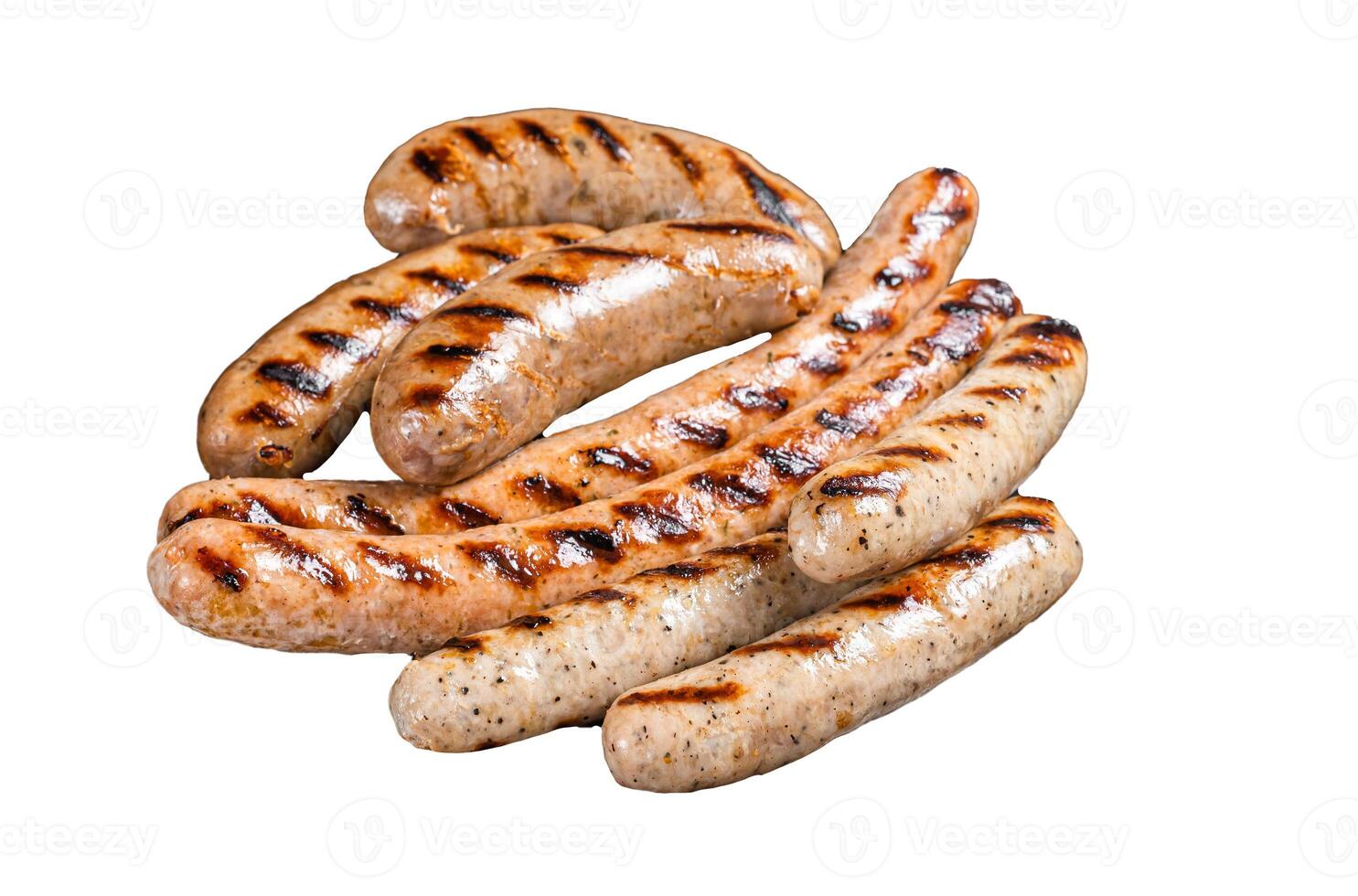 Grilled Bratwurst meat sausages on a steel tray with herbs. Isolated on white background photo