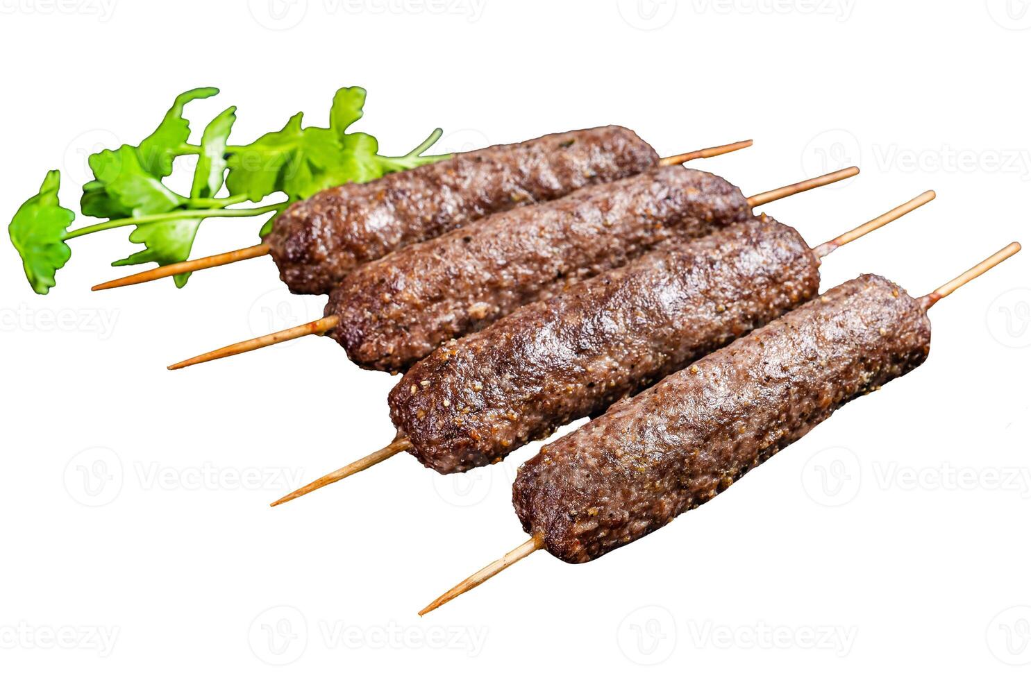 Grilled shish kebab, arabic kofta kofte kebab from mince lamb and beef meat on Skewer. Isolated, white background. photo