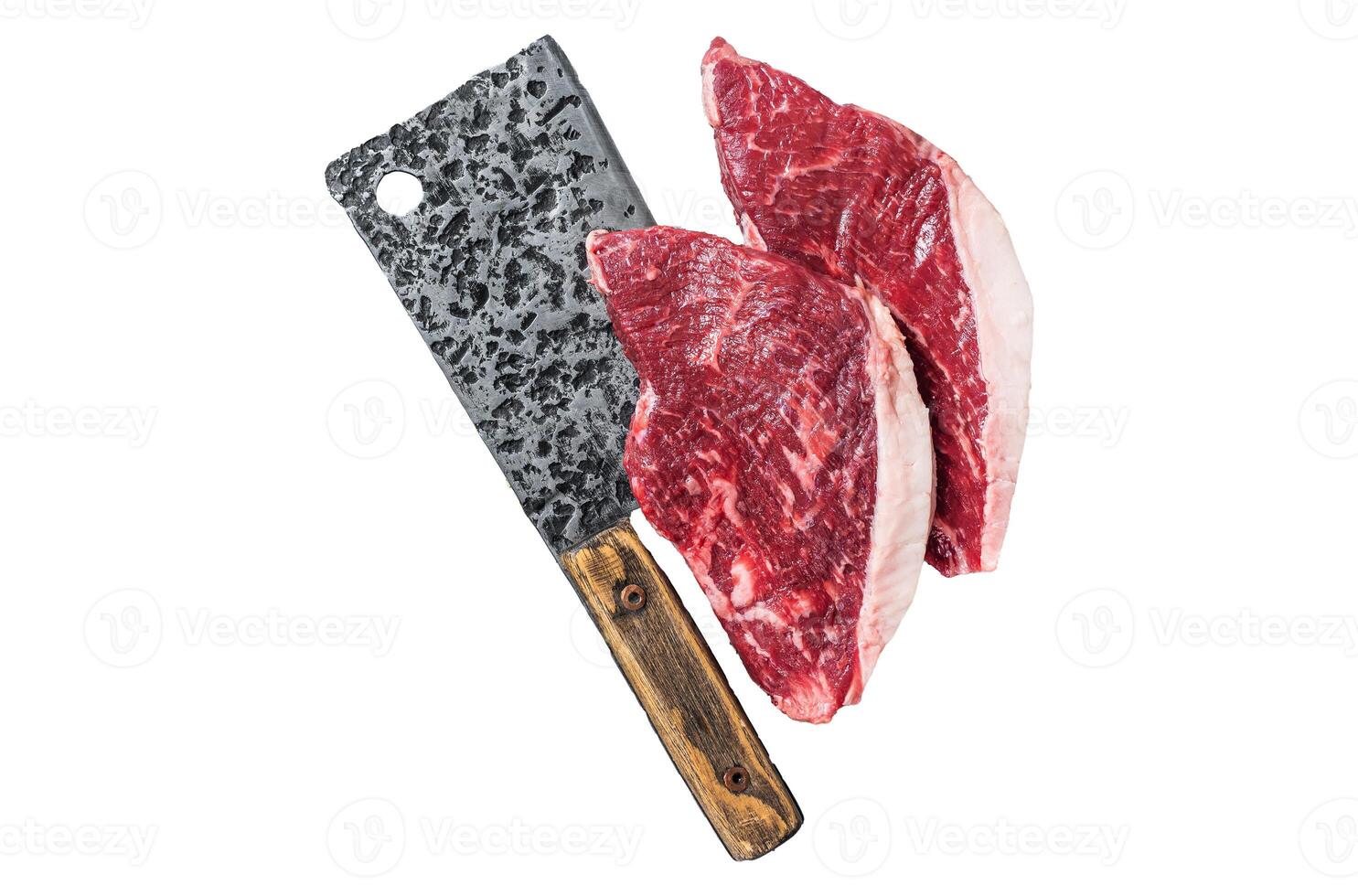 Raw top sirloin beef meat steak on a butcher cleaver, cap rump steak. Isolated, white background. photo