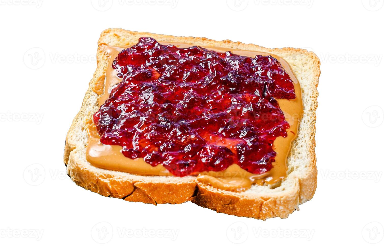 Peanut butter and jelly on white bread toasts. Isolated on white background. Top view. photo