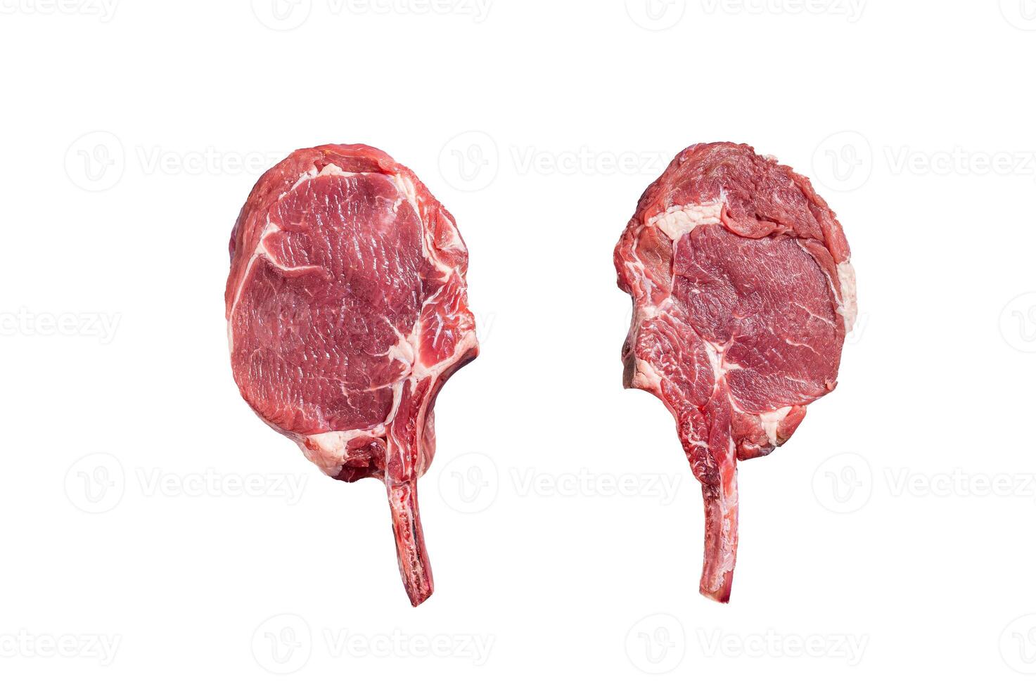 Raw Tomahawk beef veal steak on butcher table. Isolated on white background. photo