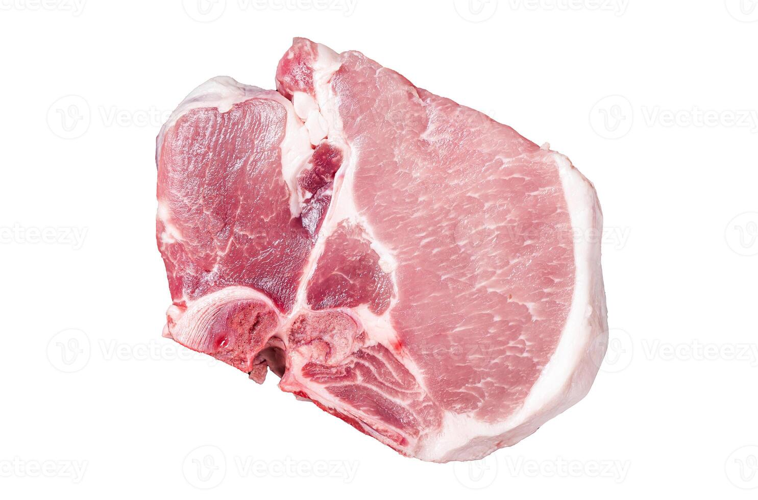 Uncooked Raw pork T bone chop meat steak on grill. Isolated, white background. photo