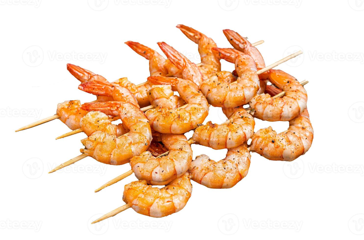BBQ Roasted shrimps prawns on skewers Isolated on white background, top view. photo