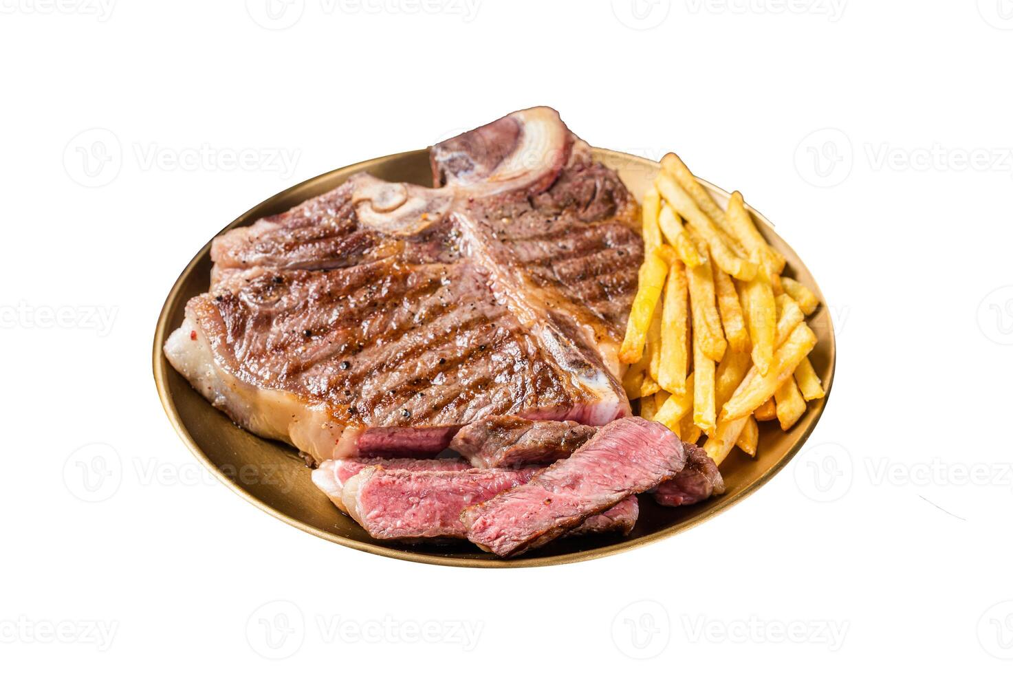 Roast Italian Florentine or porterhouse beef meat Steak in a plate with french fries. Isolated on white background. photo
