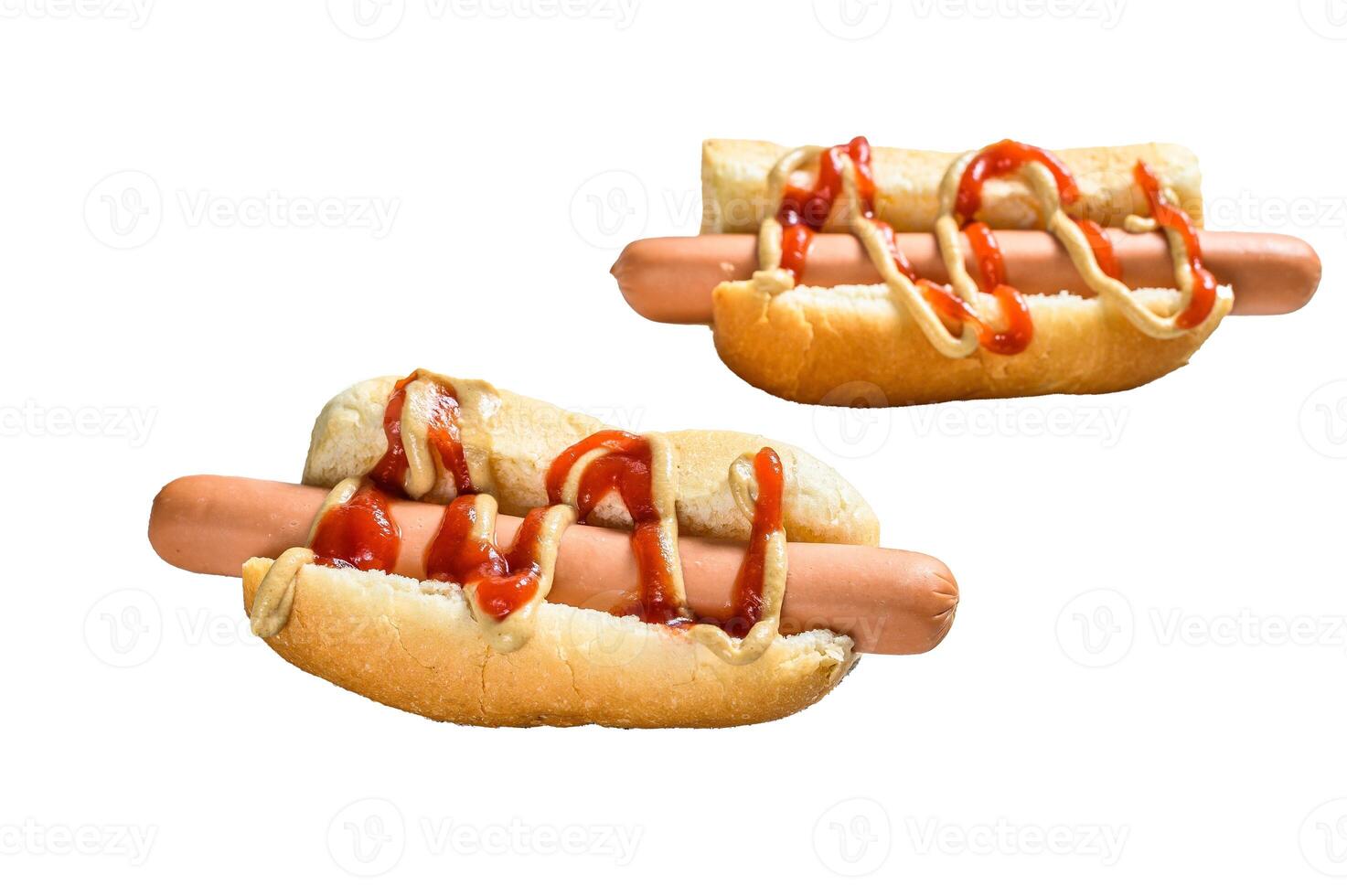 Hot Dog with Yellow Mustard and red ketchup. Isolated on white background. photo