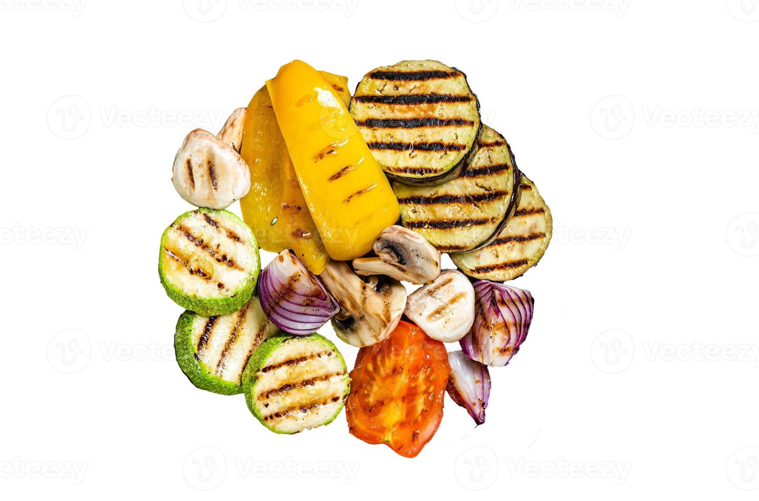 Grilled vegetables, bell pepper, zucchini, eggplant, onion and tomato. Isolated, white background. photo