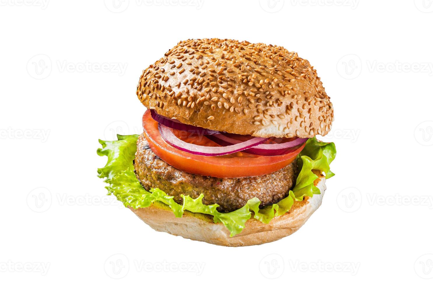 Plant based meatless burgers with vegan grilled pattie, tomato and onion on a wooden serving board. Isolated on white background. photo