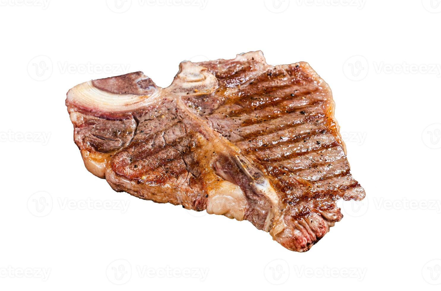 Fried on a grill skillet t bone porterhouse beef meat Steak. Isolated, white background. photo