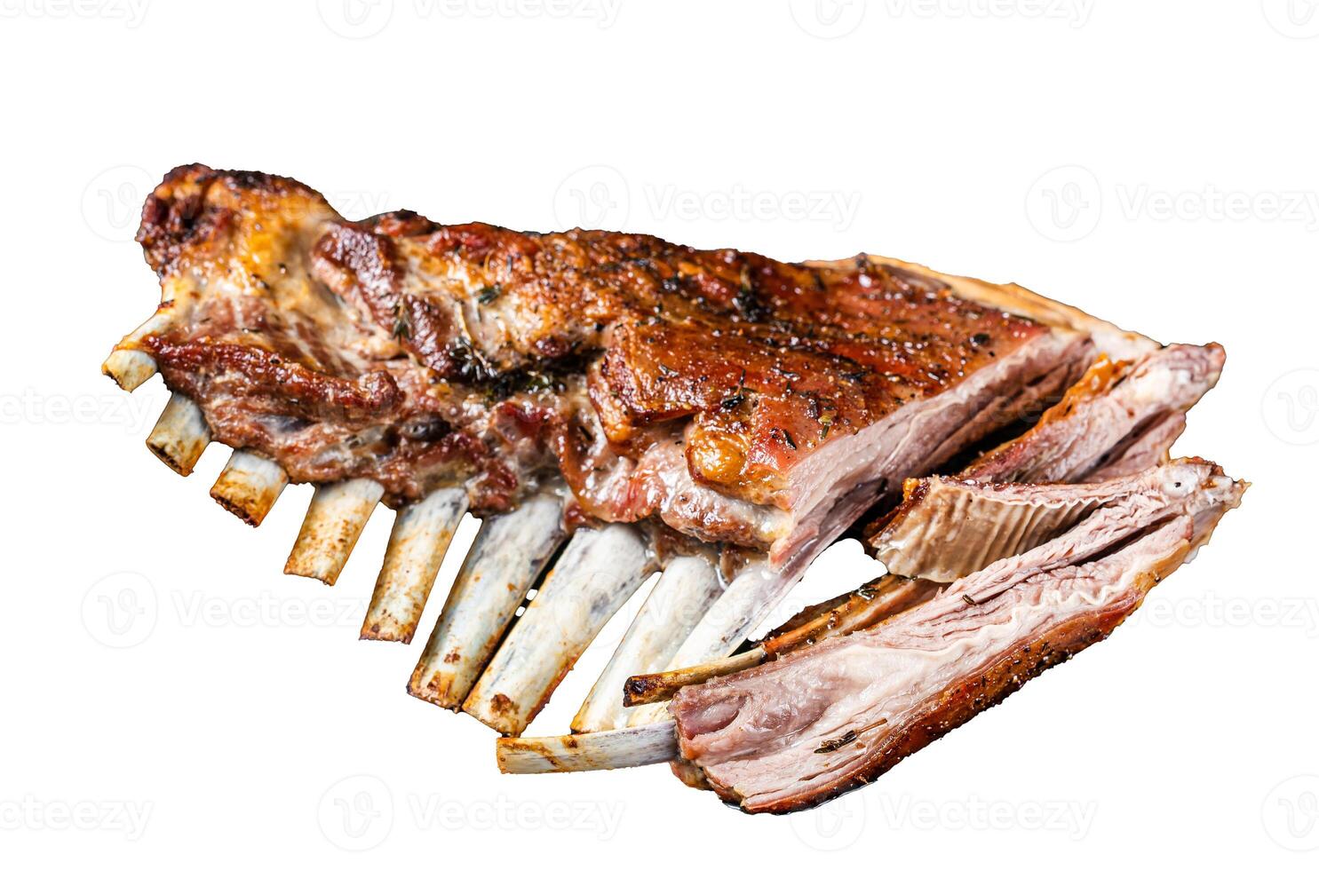 Roasted Rack of lamb ribs, mutton spareribs, sliced meat on plate. Isolated, white background. photo