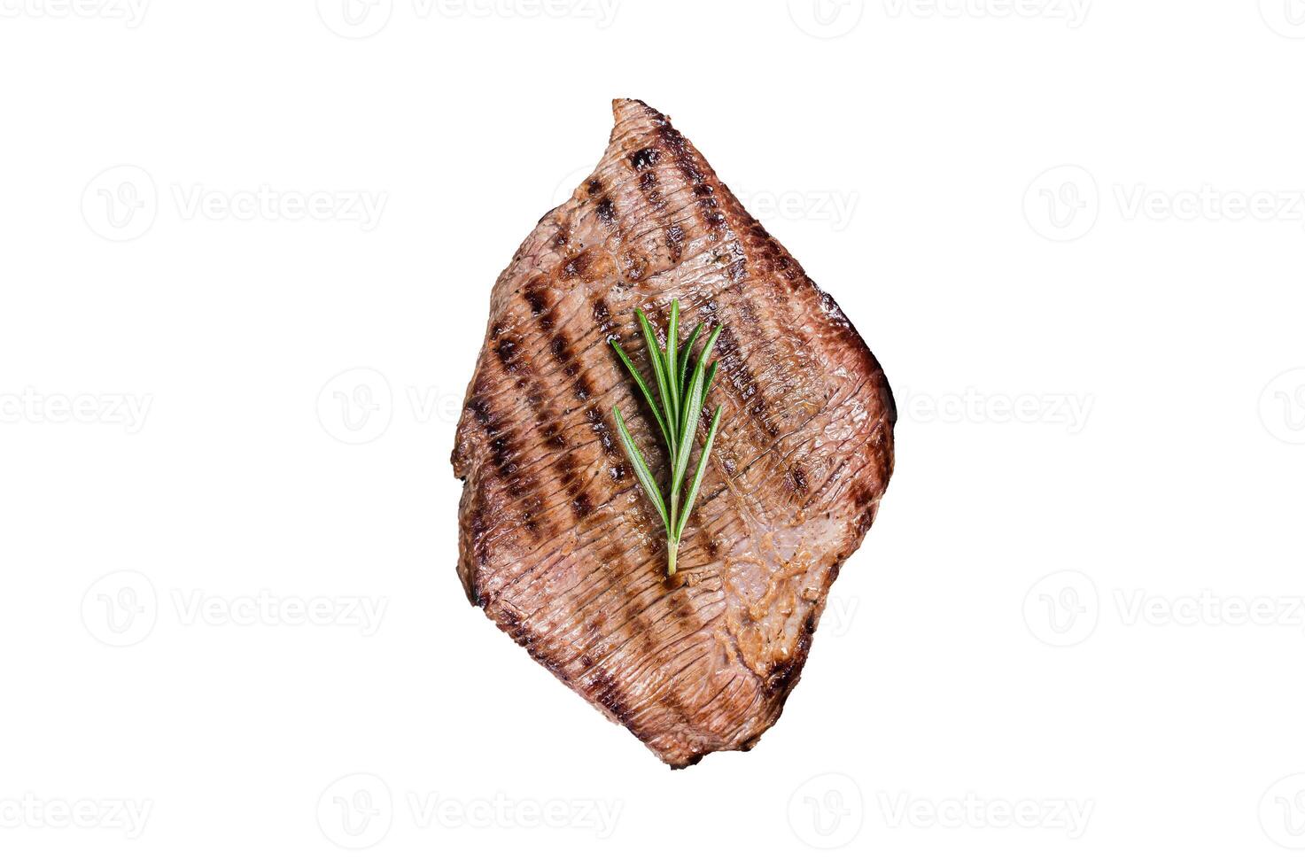 Flank Steak BBQ on a grill with rosemary. Isolated, white background. photo