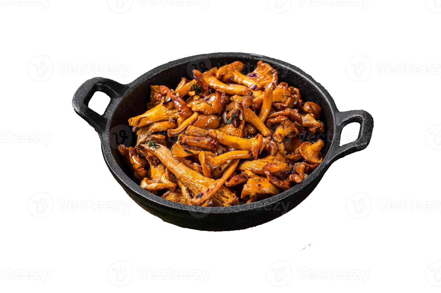 French roasted chanterelle mushrooms with onions and thyme in a pan. Isolated on white background, top view. photo