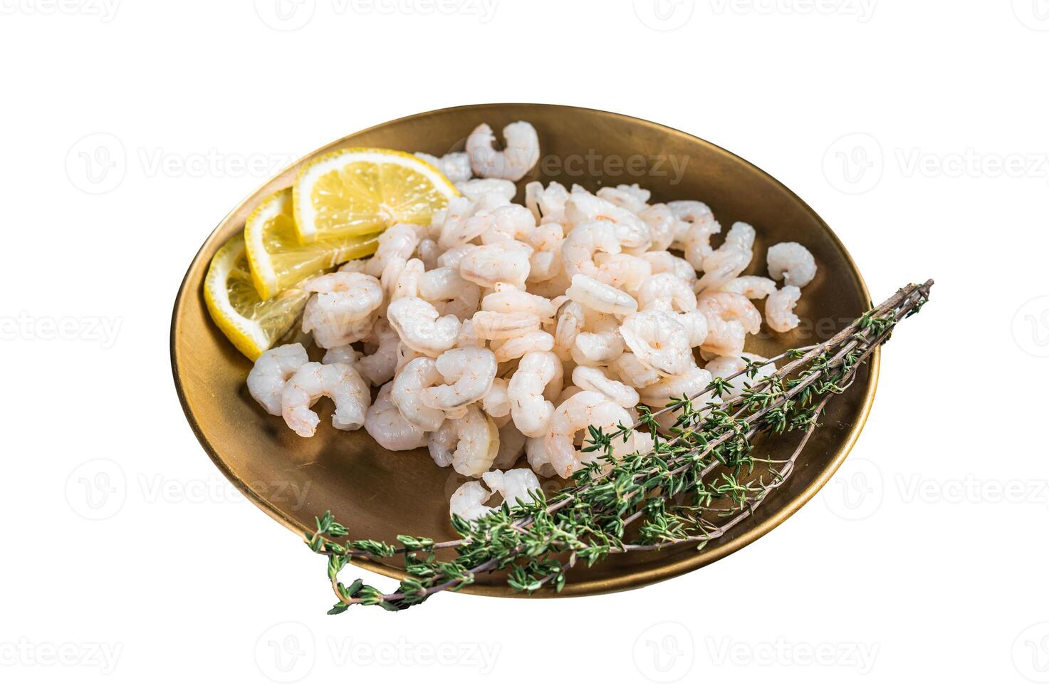 Fresh shrimps seafood with lemon, herbs and spice, prawns peeled. Isolated on white background. Top view. photo