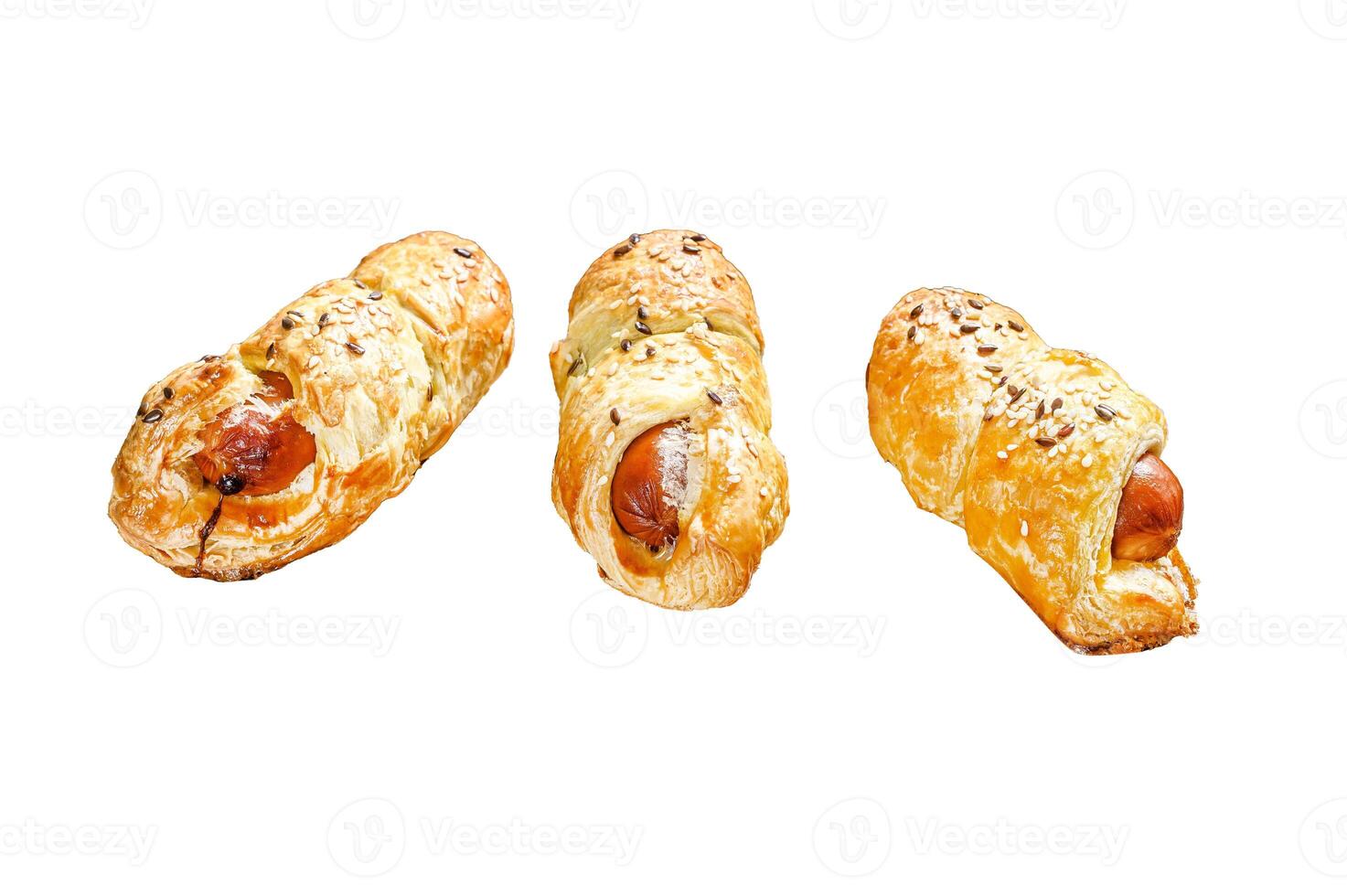 Homemade Pretzel Wrapped Hot Dog, sausage in the dough. Isolated on white background. Top view. photo