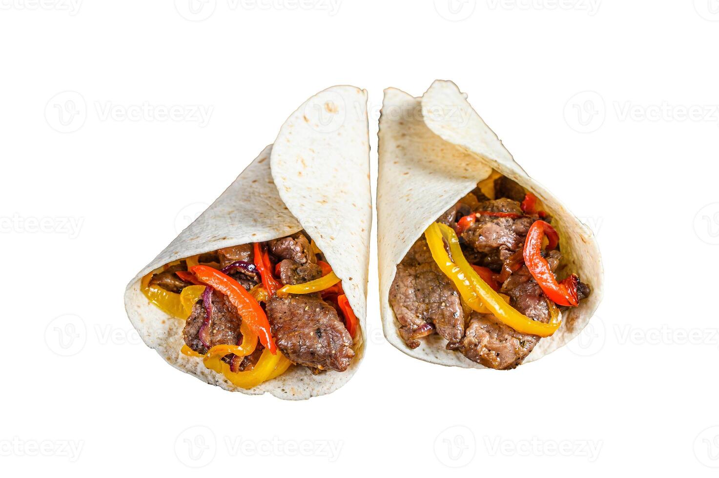 Fajitas Tortilla wrap with beef meat stripes, colored bell pepper and onions and salsa. Isolated on white background. photo