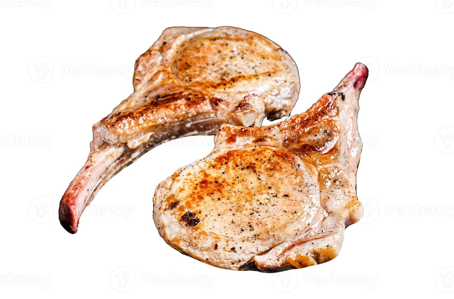 Fried tomahawk pork chop meat steak Isolated on white background, Top view. photo