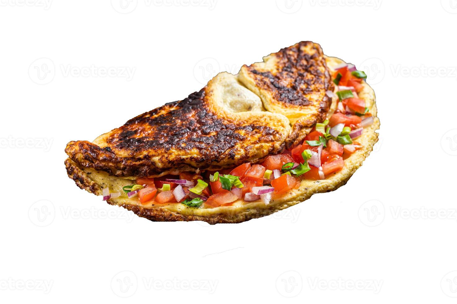 Stuffed omelette with tomatoes, red bell pepper and onion on wooden board. High quality Isolate, white background. photo
