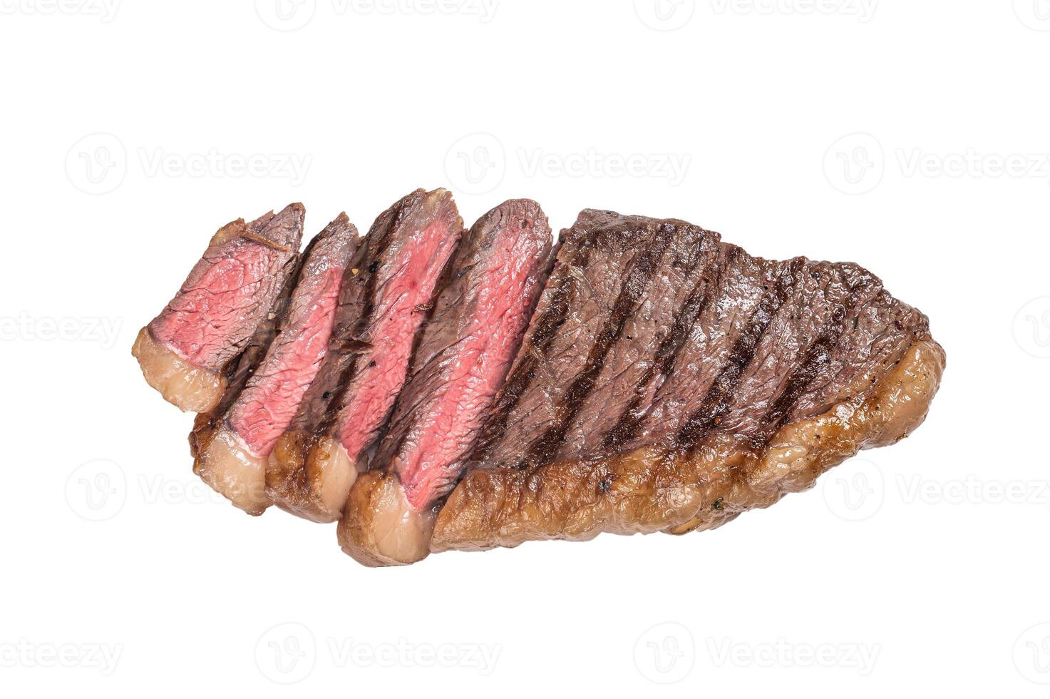 Fried and sliced Top sirloin steak, Grilled cup rump beef meat steak. Isolated on white background. photo