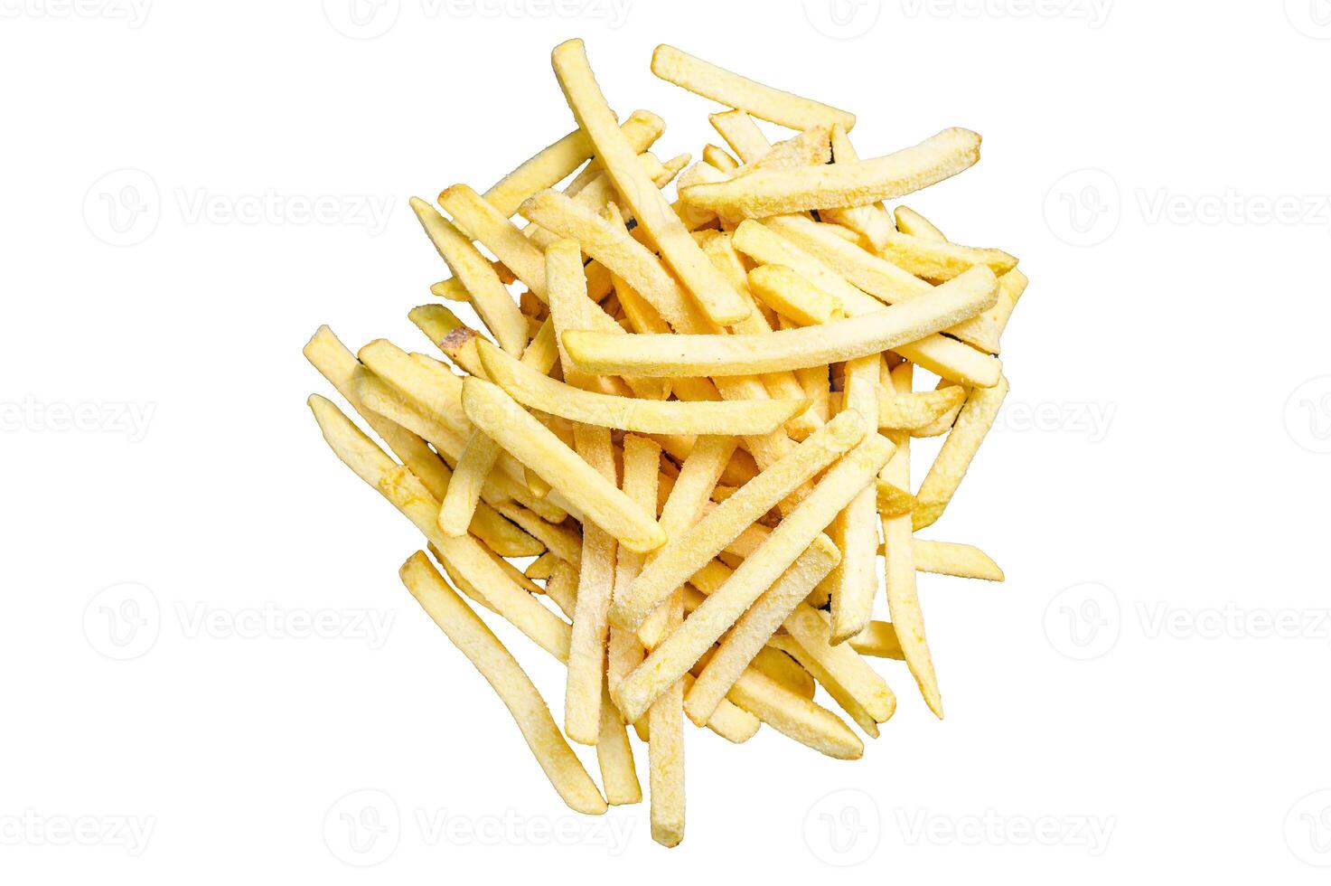 Frozen potatoes, French fries, canned food. Isolated on white background. Top view. photo