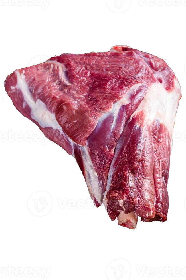 Raw lamb mutton thigh on butcher table. Isolated on white background photo