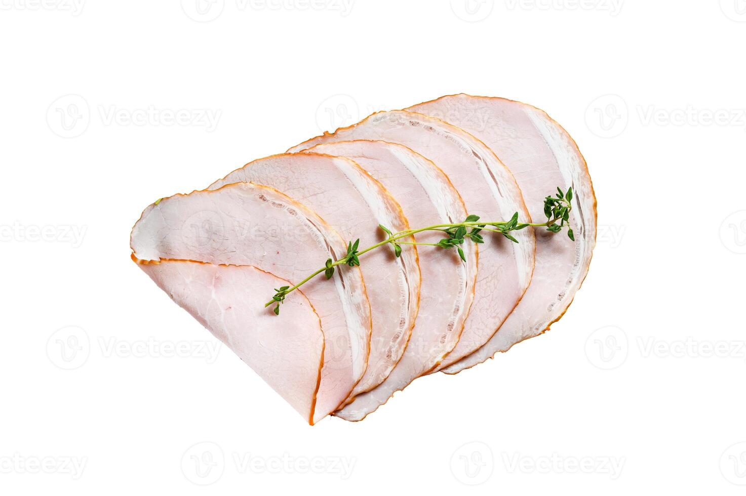 Cooked pastrami pork, gourmet ham. Isolated on white background. photo