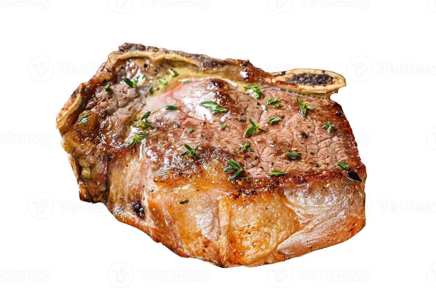 Grilled striploin steak on the bone or new york steak. Isolated on white background. photo