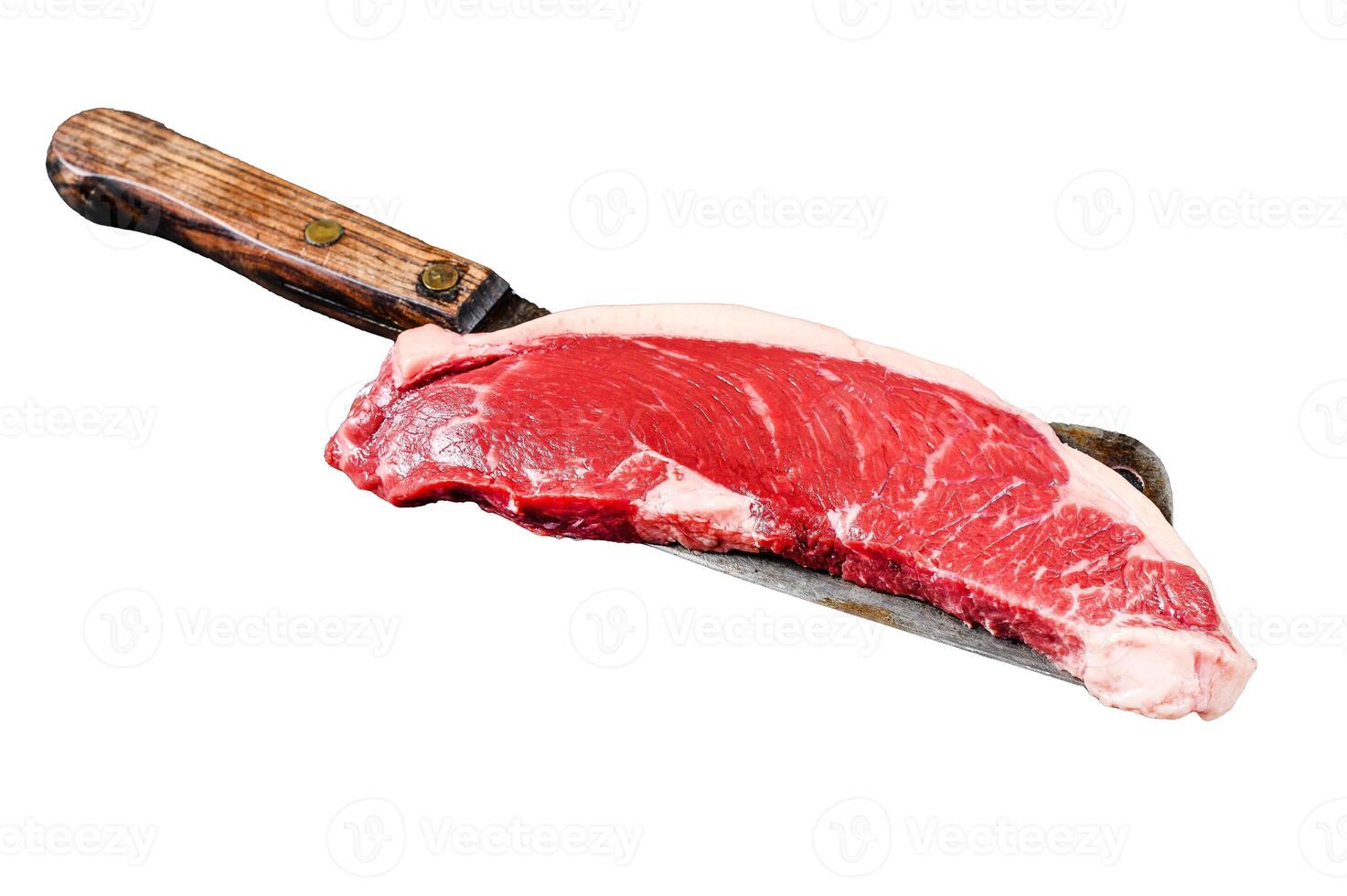 Raw marbled beef steak. black Angus meat. Isolated on white background. Top view. photo