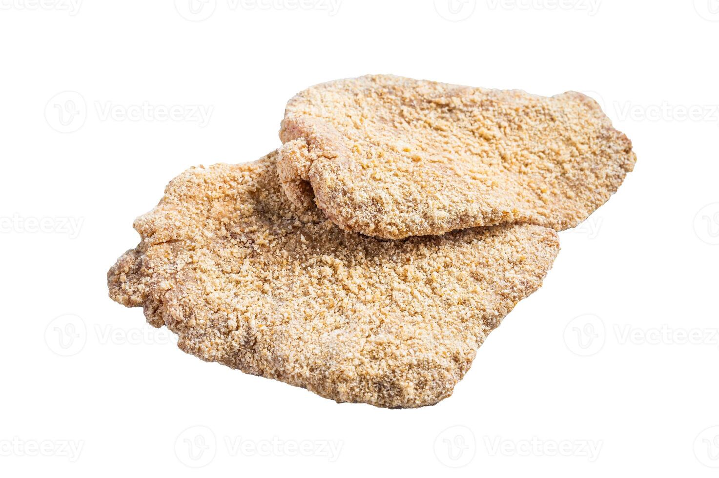 Raw chicken schnitzel Escalope in breadcrumbs. Isolated on white background. photo