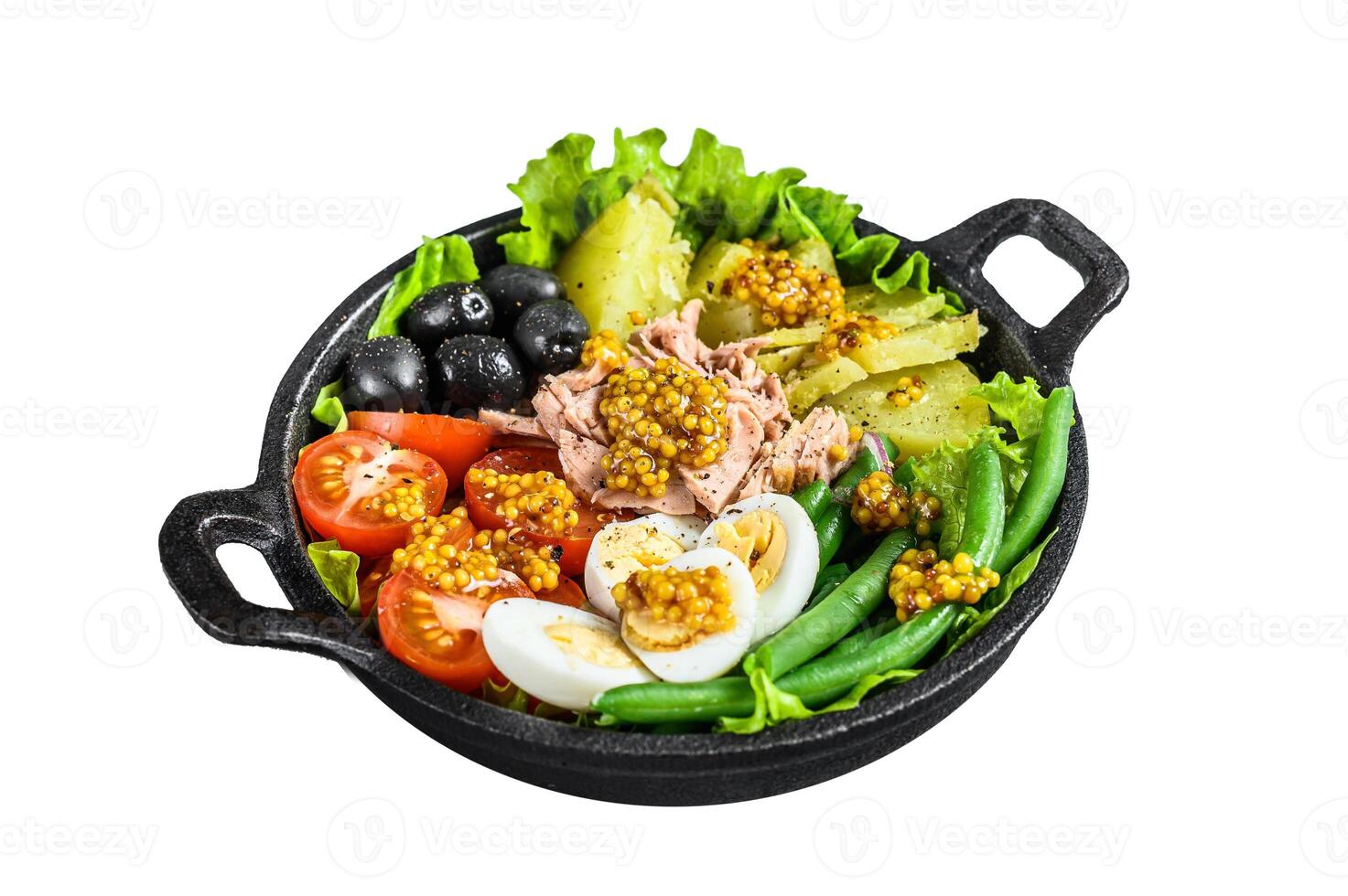 Gourmet nicoise salad with vegetables, eggs, tuna and anchovies Isolated on white background, Top view. photo