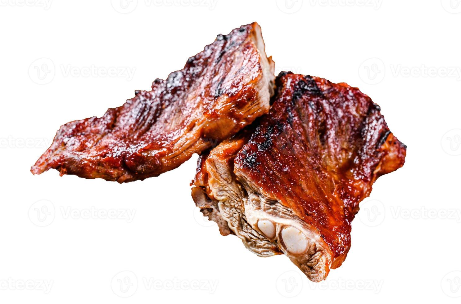 Grilled BBQ veal calf short spare rib meat Isolated on white background, top view. photo