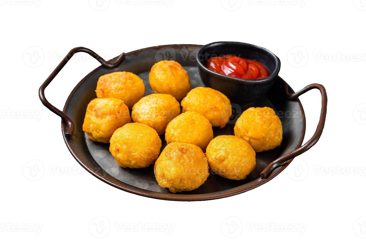 Potato croquettes, mashed potatoes balls breaded and deep fried. Isolated on white background. photo