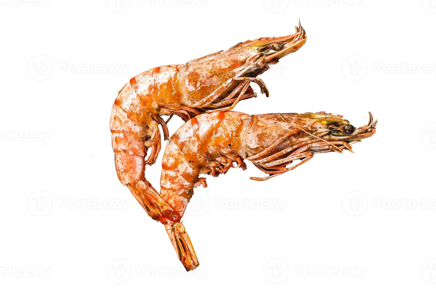 BBQ roasted Giant shrimps Langoustine on grill with herbs. Isolated on white background. photo